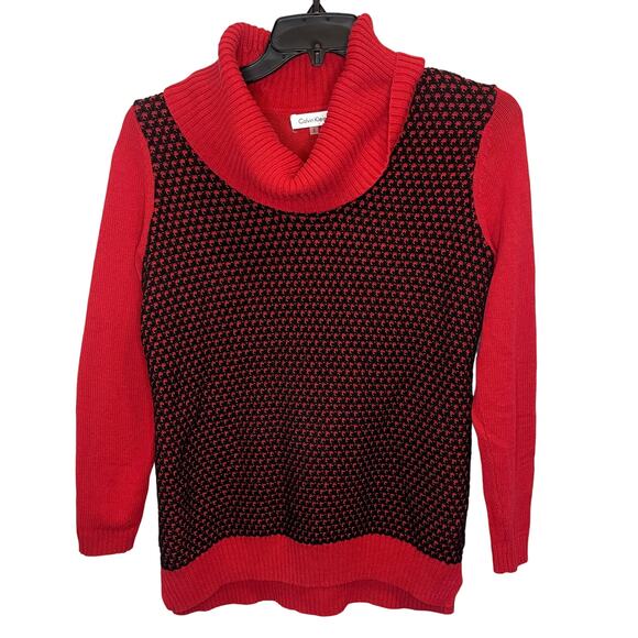Calvin Klein Sweaters - Calvin Klein Womens Cowlneck Knit Sweater Red Black Holiday Christmas Top Medium